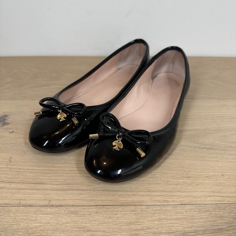 Kate Spade Ballet Flats Womens 9M Black Patent Leather Bow Gold Spade Charm
